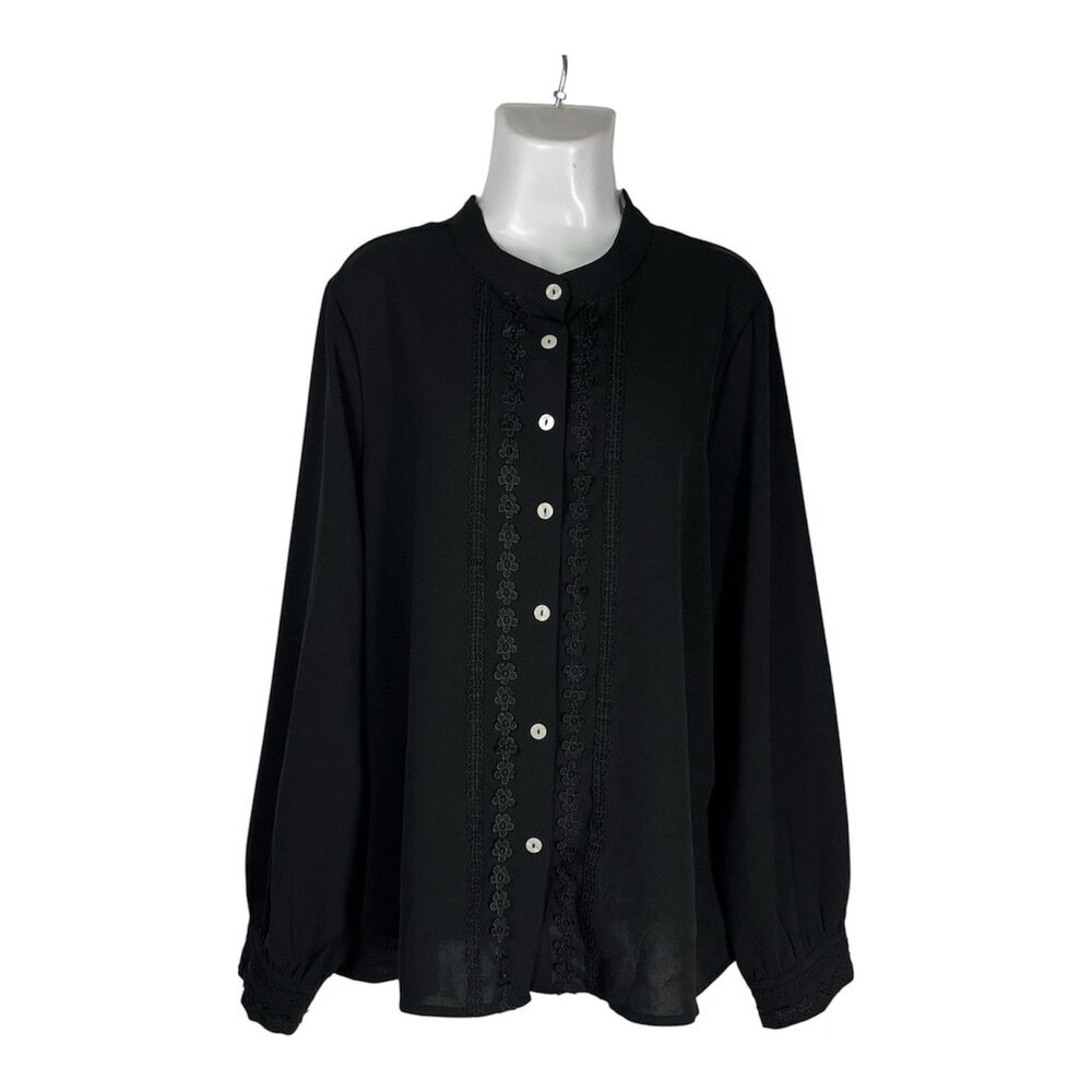 THEENKOLN XL Black Blouse Lace Trim Button Front Long Sleeve Button Cuffs Top
